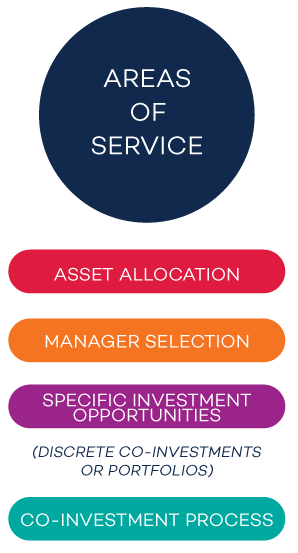 Mobile graphic: AREAS OF SERVICE: Asset Allocation, Manager Selection, Specific Investment Opportunities (discrete co-investments or portfolios), Co-Investment Process 